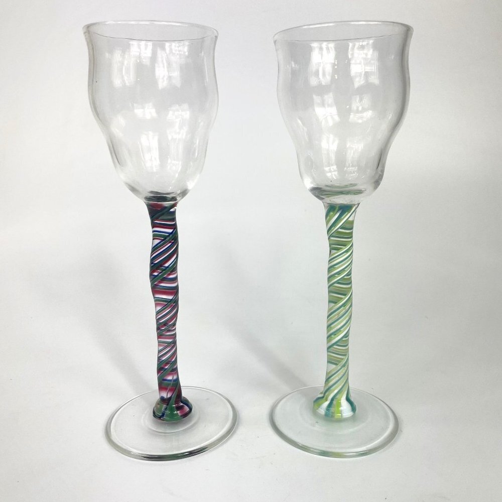 Art Glass Liquor Glass Swirl Stem Glasses Signed set of 2